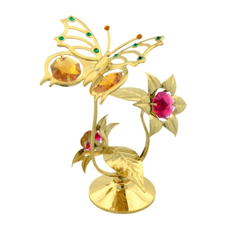 MU0131-001-GM1 Kristallen Vlinderfiguur op Bloemen – Verguld Metalen Kunstwerk met Bohemia & Swarovski Kristallen