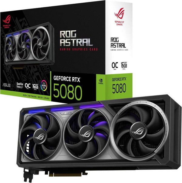 ASUS ROG Astral GeForce RTX 5080 OC Edition, Scheda Grafica NVIDIA 16 GB GDDR7, 256 bit, PCIe 5.0, HDMI, DisplayPort, Quattro Ventole Assiali, GPU Tweak III, Nera, ROG-ASTRAL-RTX5080-O16G-GAMING