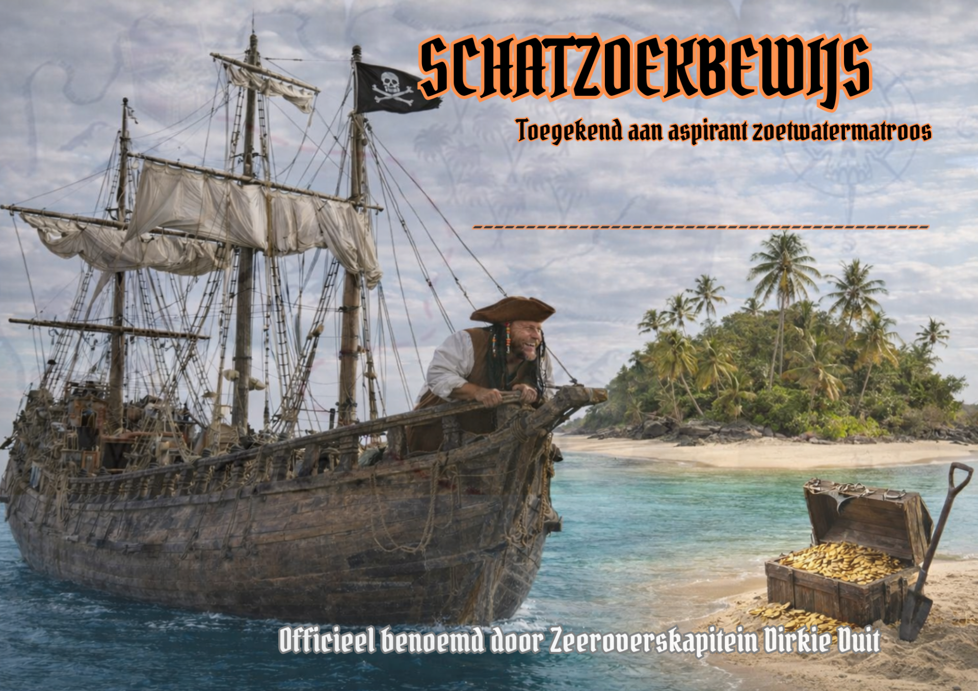 Zeeroverskapitein Dirkie Duit tijdens metaaldetectie activiteit | Metaalzoekworkshop.nl