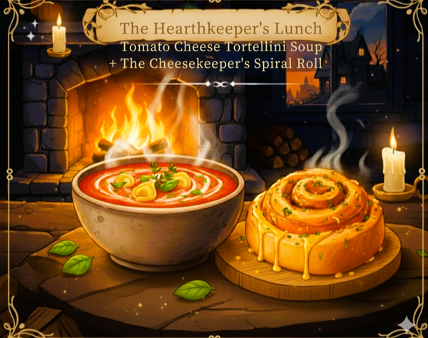 🥣 The Hearthkeeper’s Lunch (Tomato Cheese Tortellini Soup + The Cheesekeeper’s Spiral Roll)