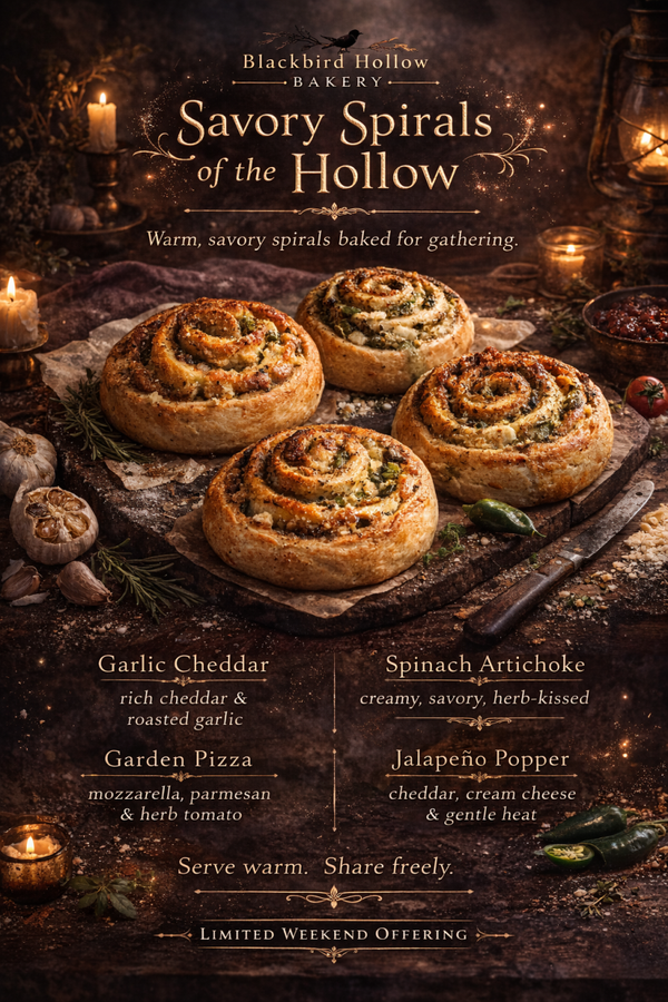 🖤 SAVORY SPIRALS OF THE HOLLOW  Warm, pull-apart savory spirals made for sharing.