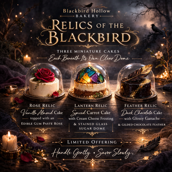 ✨ RELICS OF THE BLACKBIRD ✨  Three 4 inch miniature cakes, each with a symbolic adornment.