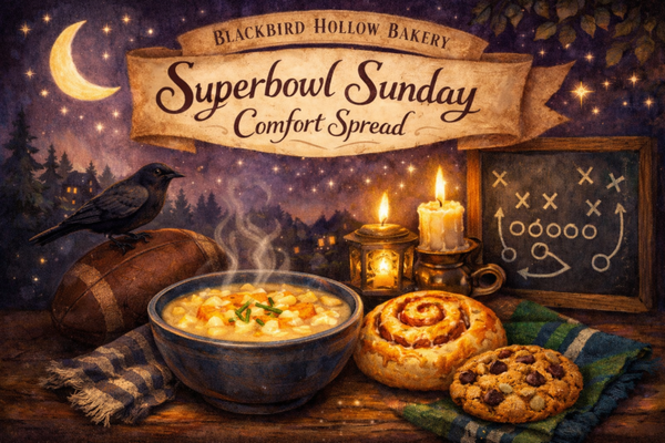 🏈✨ Superbowl Sunday Comfort Spread  Sunday Only  A cozy trio made for game day gatherings and slow winter afternoons. Creamy cheesy potato soup, a warm round cheesy spiral roll, and a peanut butter chocolate chip cookie come together in one comforting sp