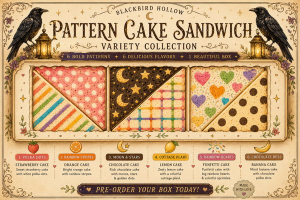 🍰 Pattern Cake Sandwich Variety Collection  Six whimsical cake sandwiches featuring six colorful patterns and six delicious cake flavors, layered with silky buttercream and arranged like a beautiful puzzle.