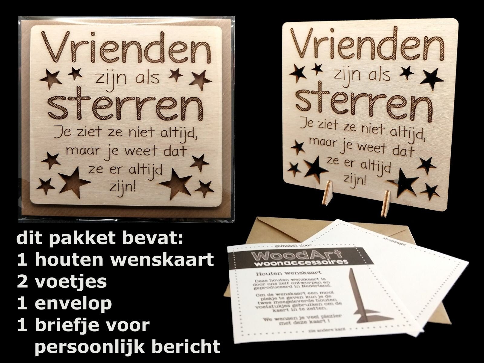 Woodart | Houten wenskaart 'Vrienden zijn als sterren'
