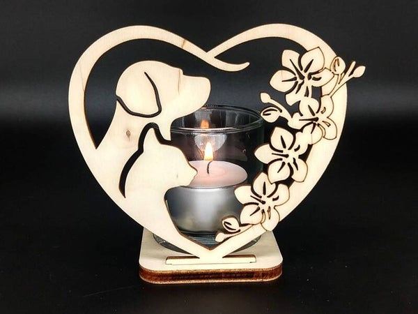 Woodart | Waxinehouder incl. glas 'Hond & Kat'