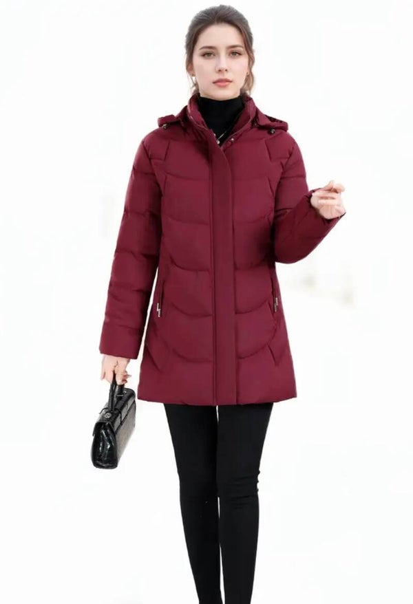 Women’s Winter Hooded Jacket – Long Coat with Gold Zipper & White Trim (No Belt)