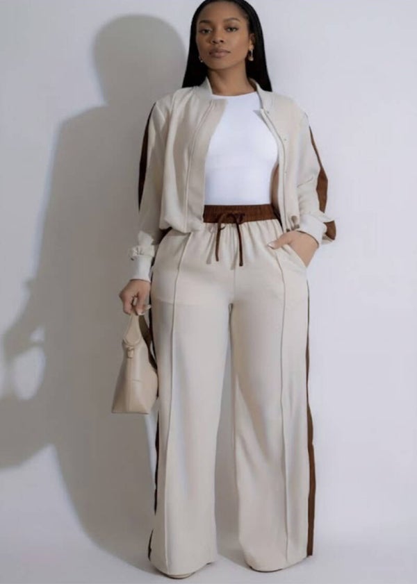 Women’s Color Block Casual Sweatshirt & Wide-Leg Pants Two-Piece Set
