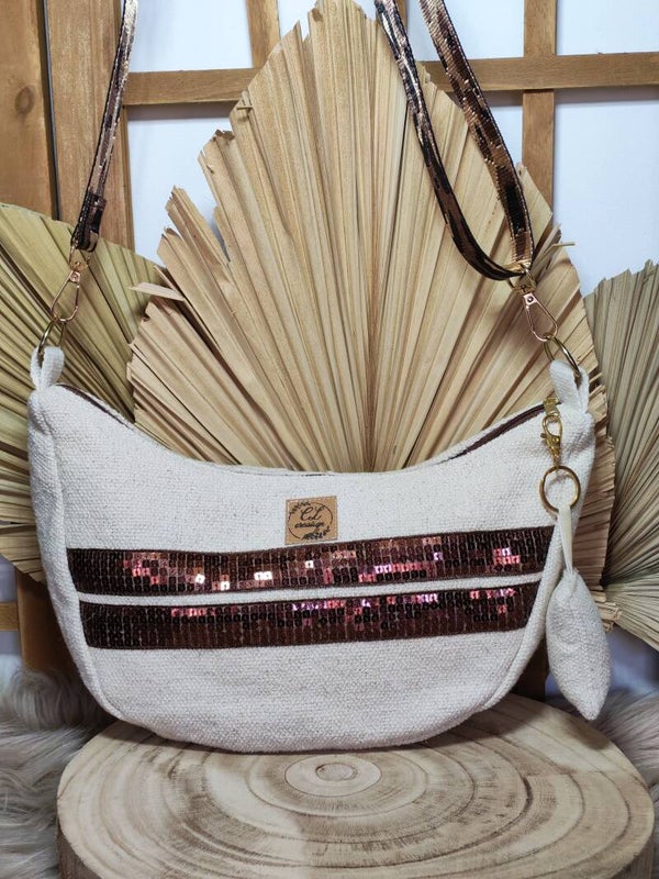 Sac bandoulière demi-lune en coton et sequins marron