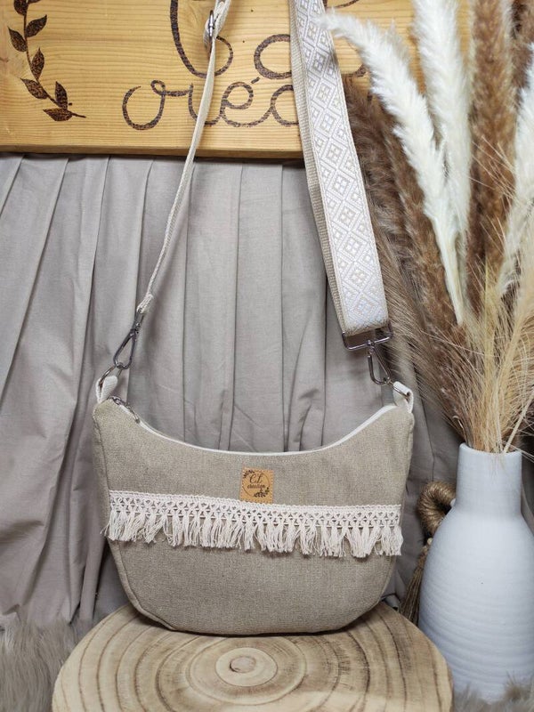 Sac demi-lune en lin bohème