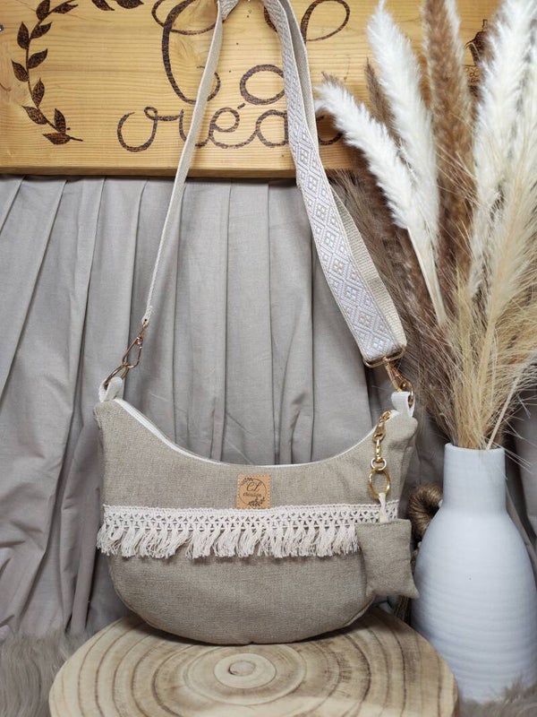Sac demi-lune en lin style bohème