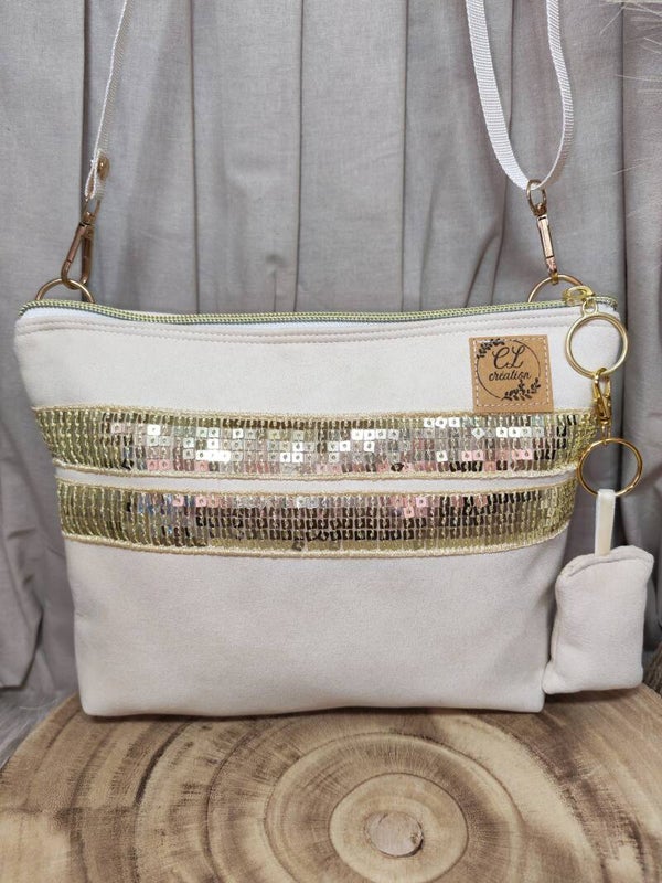 Petit sac bandoulière écru sequins doré