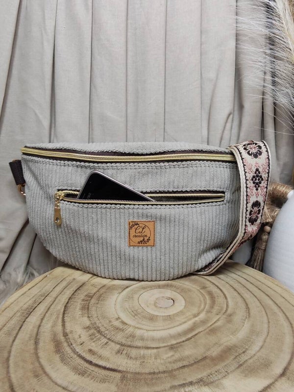 Sacoche banane velours côtelé beige/ taupe