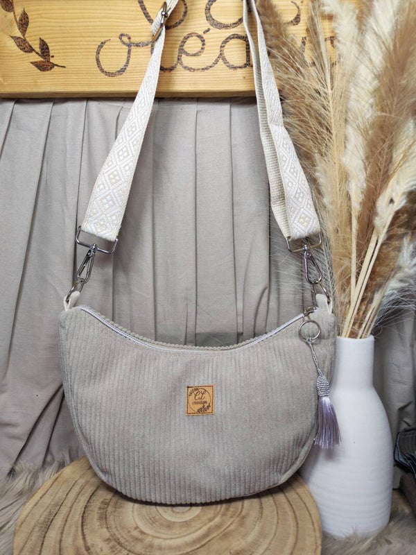 Sac demi-lune velours côtelé beige/taupe