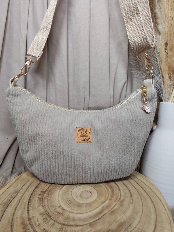 Sac demi-lune velours beige/taupe