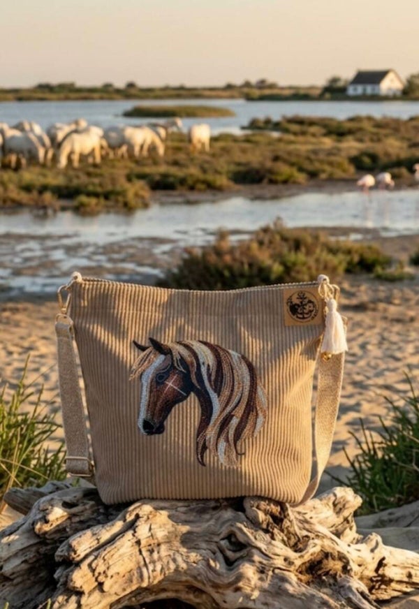 Grand sac bandoulière velours beige camargue