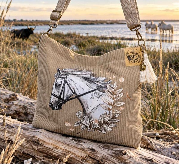 Sac bandoulière fourre-tout velours beige camargue