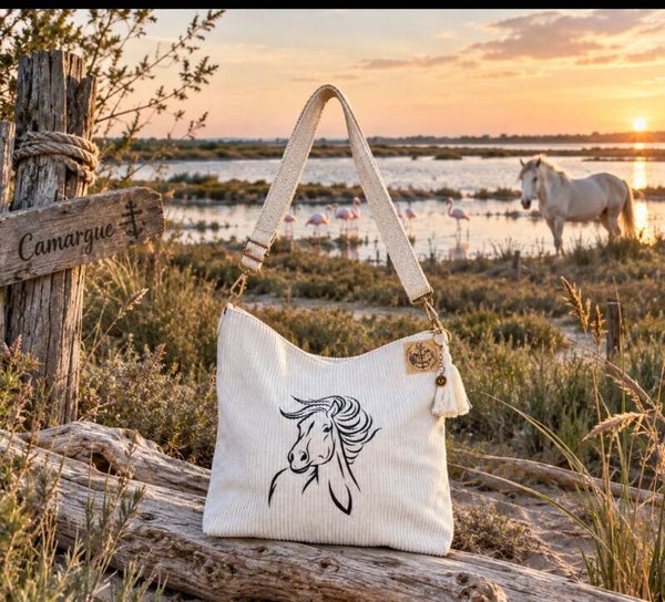 Sac bandoulière fourrure-tout velours écru camargue