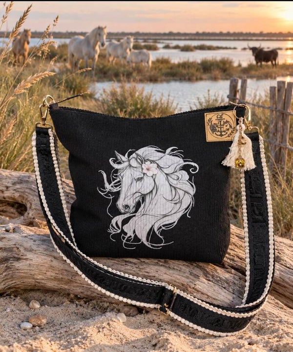 Sac bandoulière fourre-tout velours noir camargue