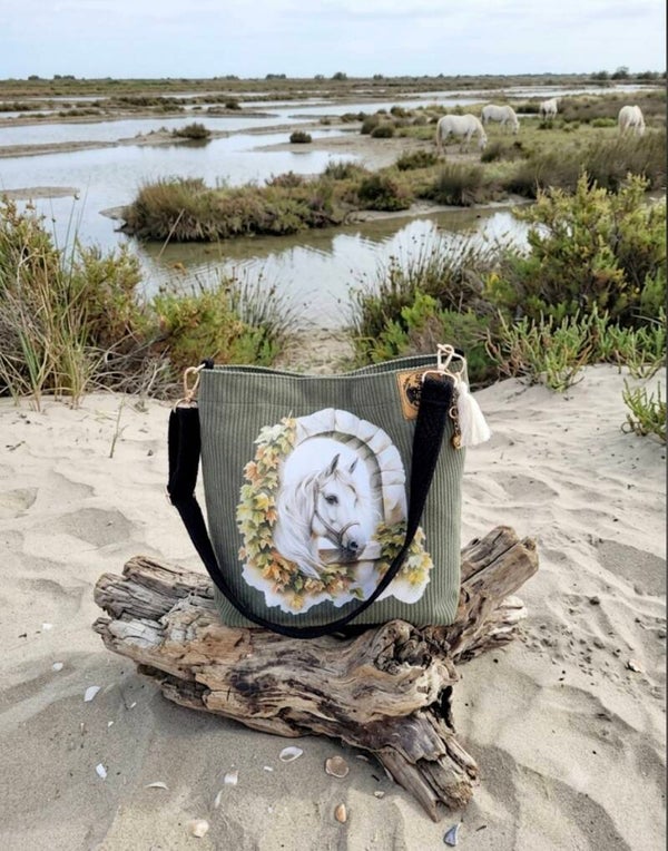 Sac bandoulière fourre-tout velours kaki camargue