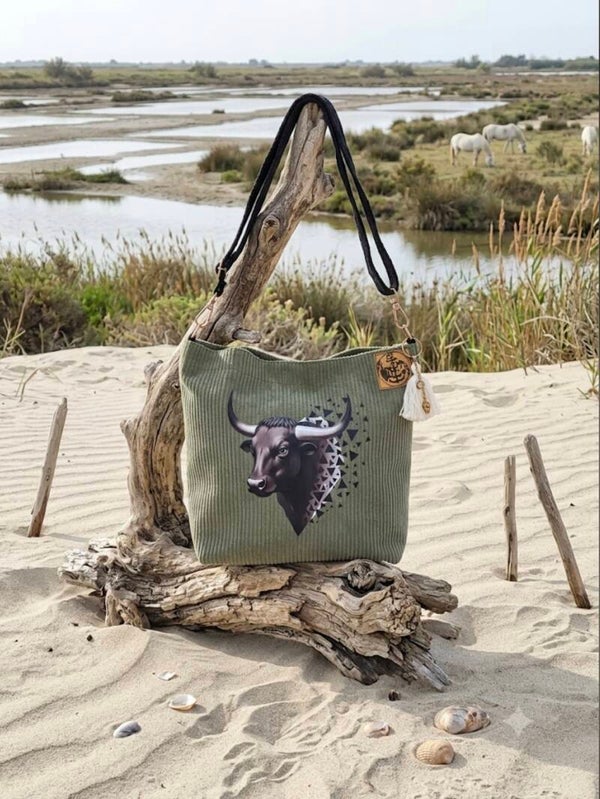 Sac bandoulière fourre-tout velours kaki taureau