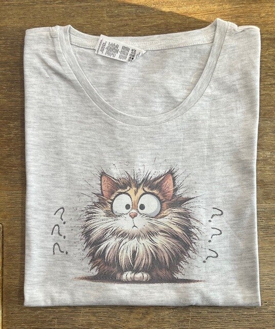 Comic-Katze „Total Verwirrt“ T-Shirt – Hellgrau (Gr. S)