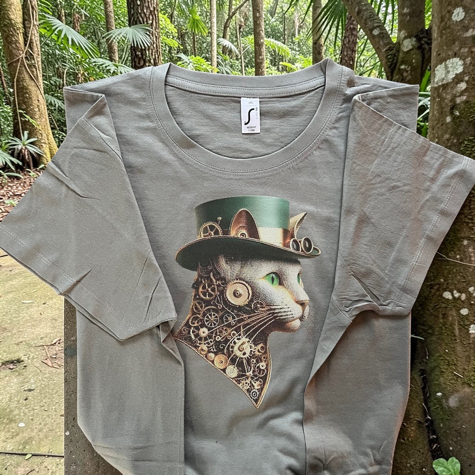Steampunk-Cat T-Shirt – Edles Khaki & Vintage-Style (XXL)