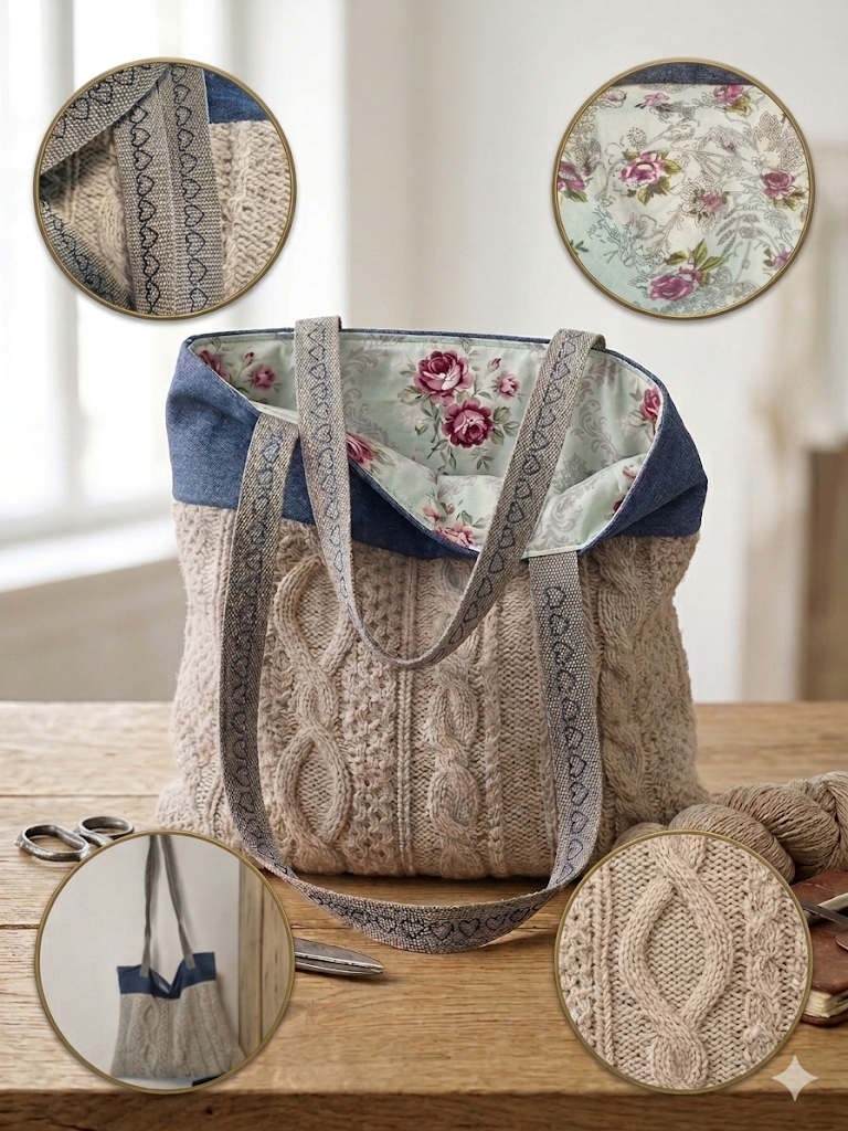 Handgestrickte Zopfmuster-Tasche aus 100% Schurwolle mit Rosen-Innenfutter & Herzchen-Stickerei
