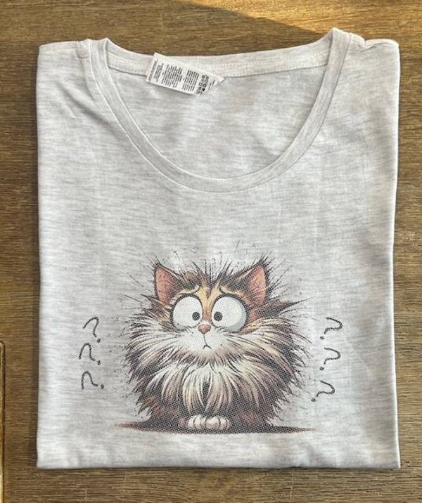 Comic-Katze „Total Verwirrt“ T-Shirt – Hellgrau (Gr. S)