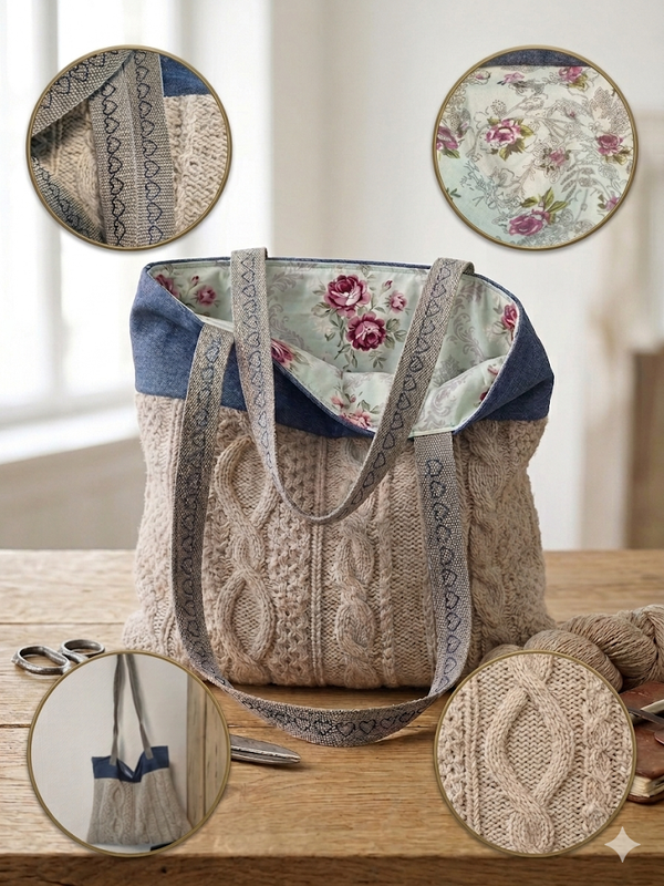 Handgestrickte Zopfmuster-Tasche aus 100% Schurwolle mit Rosen-Innenfutter & Herzchen-Stickerei