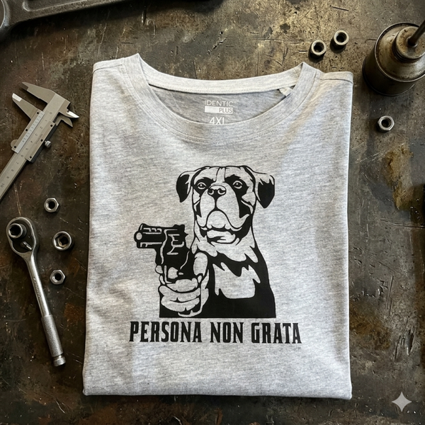 T-Shirt „Persona Non Grata“ mit Boxer-Motiv – Hellgrau (Größe 4XL)