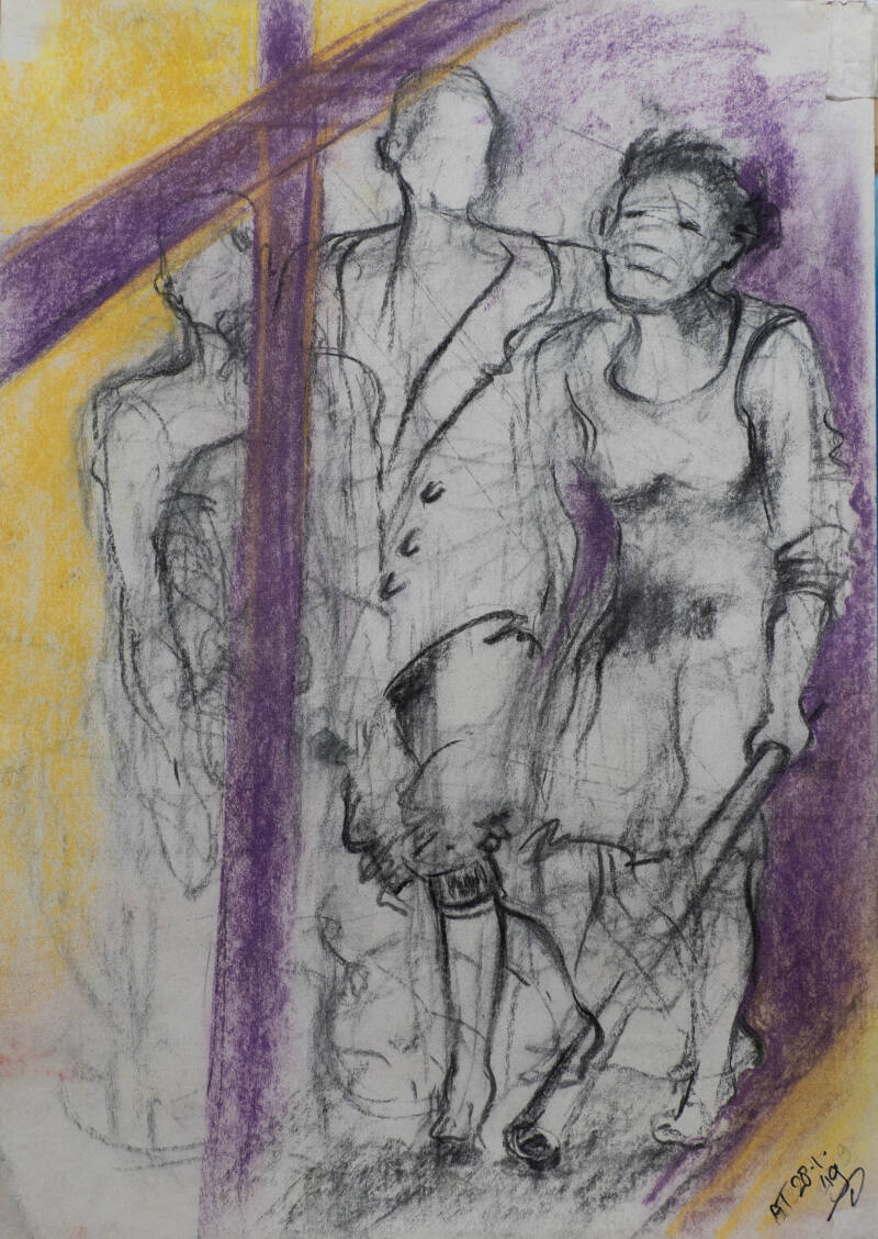 Figuratieve tekening van Annie Truijen met meerdere menselijke figuren, uitgevoerd in houtskool en pastelkrijt op papier, in paarse en  grijze tinten.