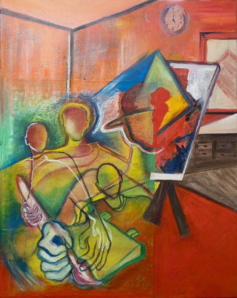 Kleurrijk figuratief schilderij met menseiijke figuren, grote handen en geometrische vormen in rood, oranje, groen en blauw.