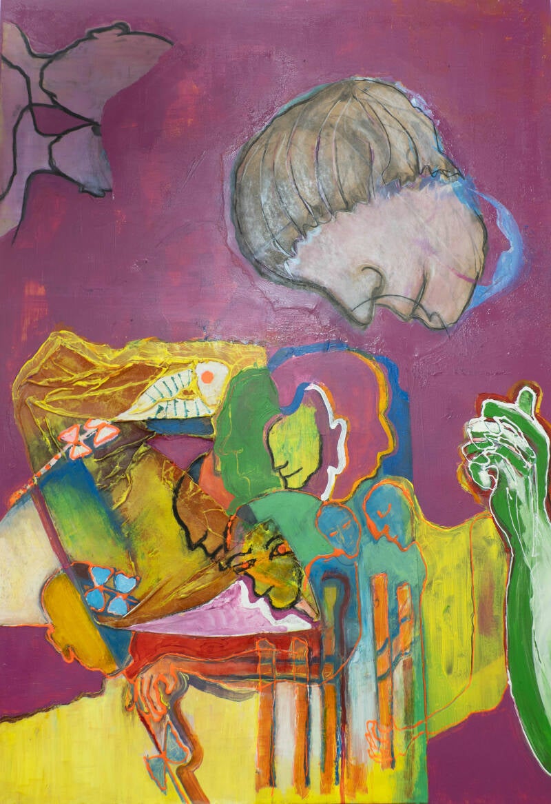 Kleurrijk figuratief schilderij met overlappende gezichten, handen en menselijke figuren tegen een paarse achtergrond