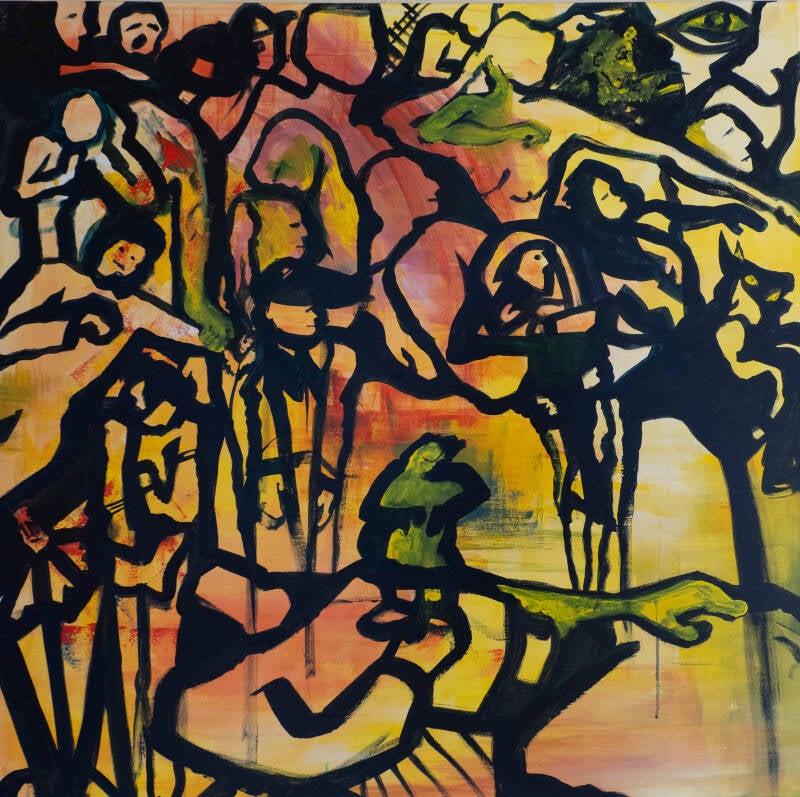 Abstract figuratief schilderij met zwarte, grillige lijnen en gestileerde menselijke figuren tegen een achtergrond in geel, oranje en rood.