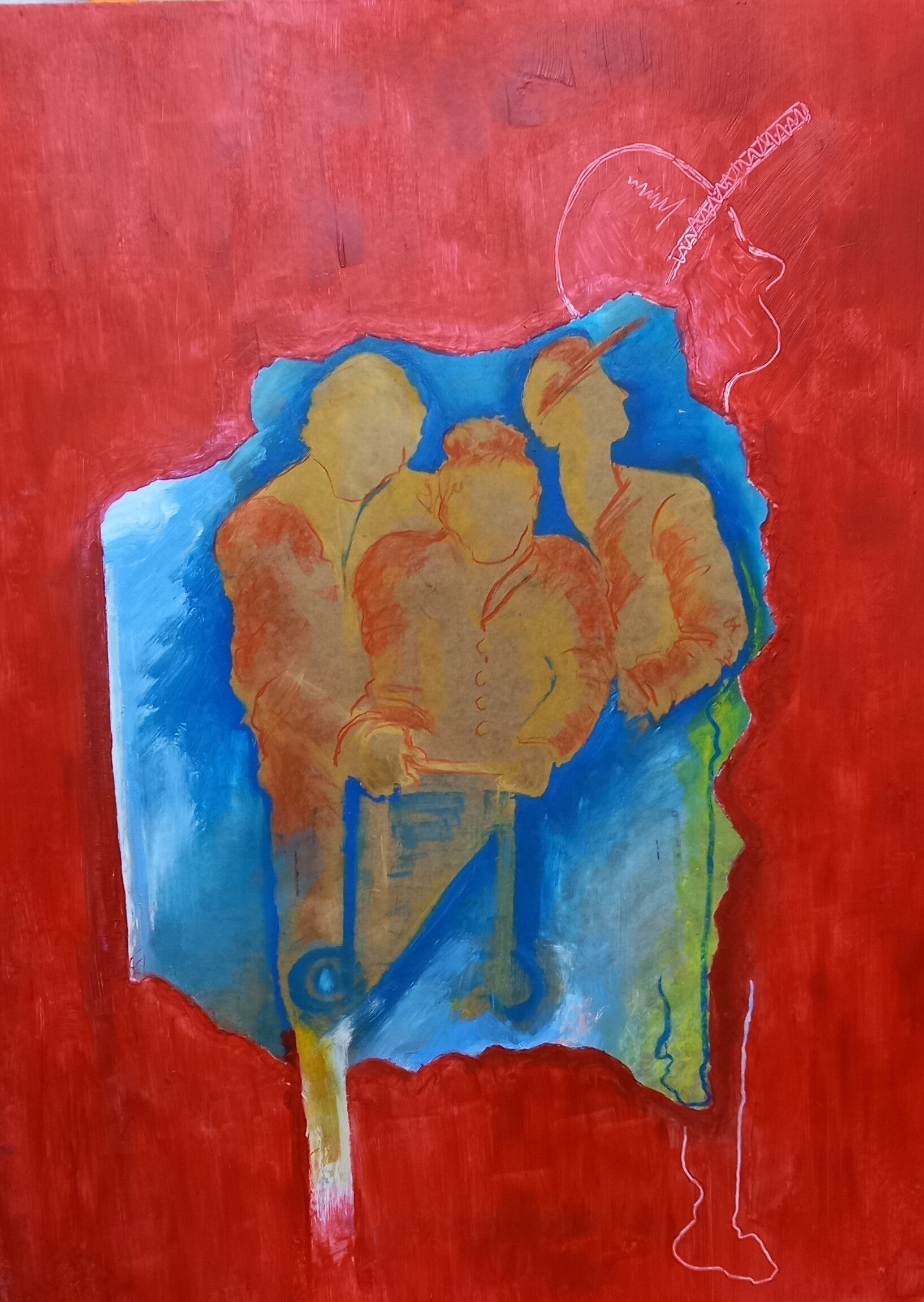 Kleurrijke figuratieve tekening van Annie Truijen met drie menselijke figuren tegen een rode achtergrond, met opvallende blauwe vlakken. Gemaakt met pastelkrijt, acryl en oliepastel.