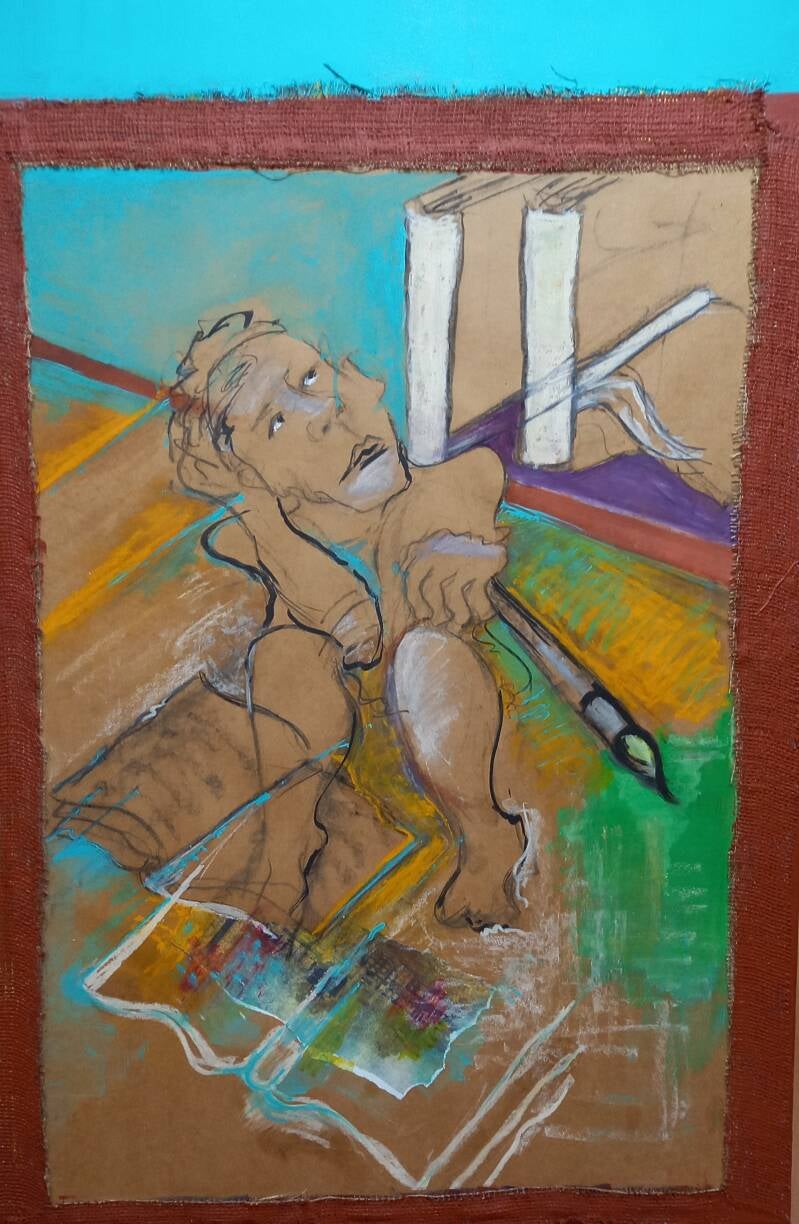 Kleurrijke figuratieve tekening van AnnieTruijen met een zittende menselijke figuur, omringd door expressieve lijnen en vlakken in blauw, groen en bruin.