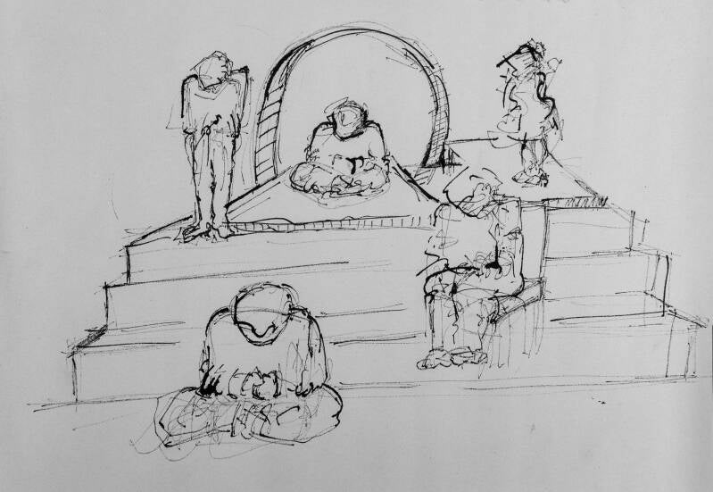 Figuratieve schets van Annie Truijen met ecoline, waarop meerdere menselijke figuren op een trap zijn afgebeeld, getekend met losse,expressieve lijnen.
