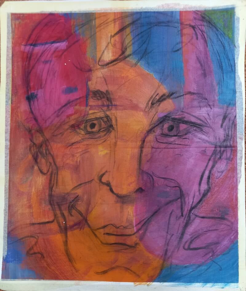 Kleurrijk expressief portret met overlappende gezichten van Annie Truijen