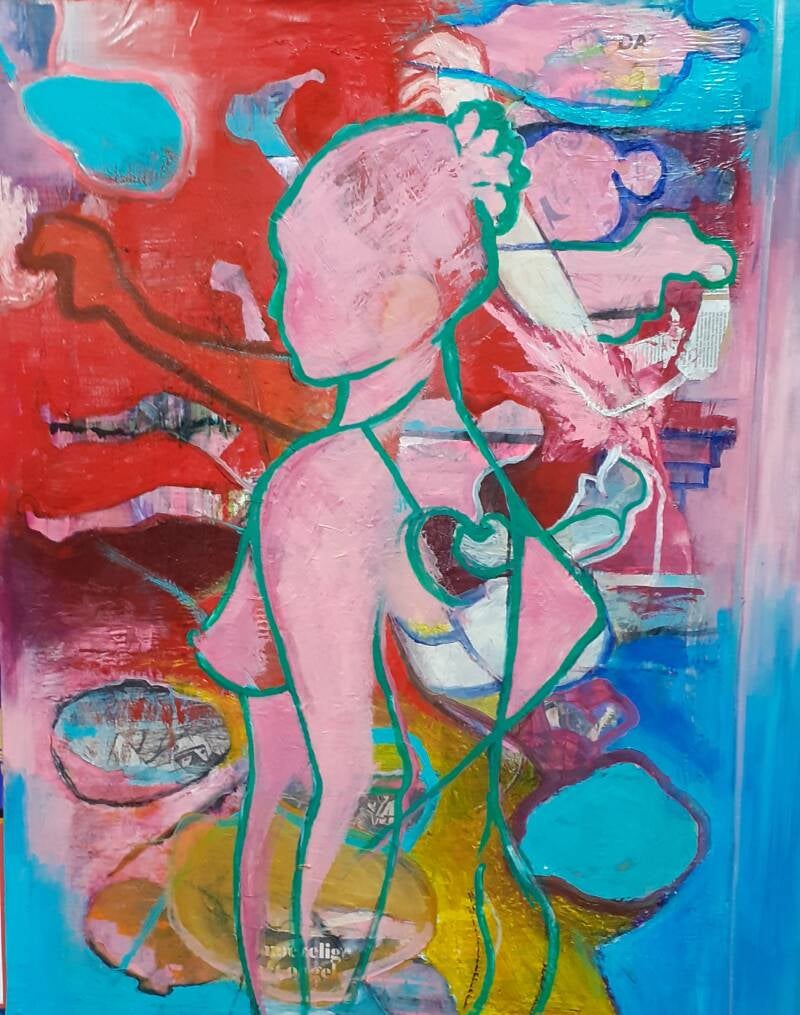 Menselijke figuren in kleurrijk figuratief schilderij van Annie Truijen