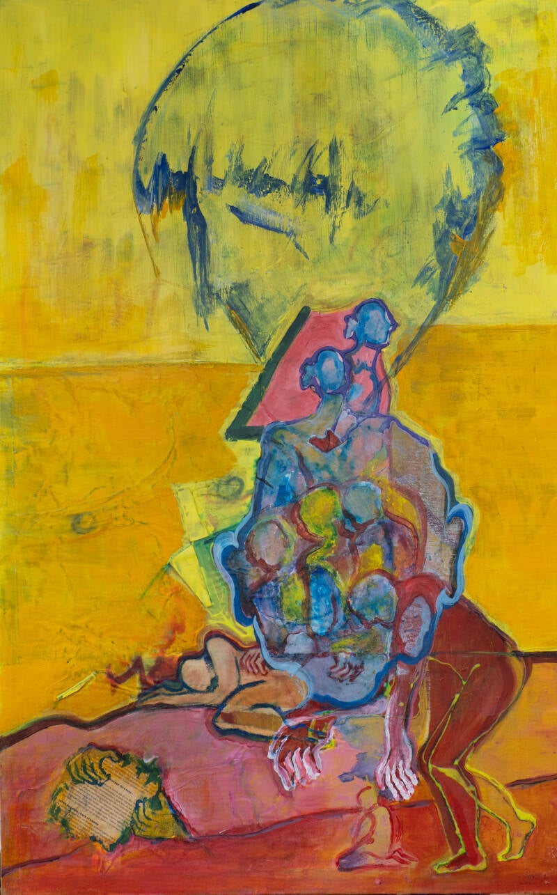 Expressief figuratief schilderij met een groot groen hoofd en meerdere menselijke figuren in blauw, roze en rood tegen een geel-oranje achtergrond.