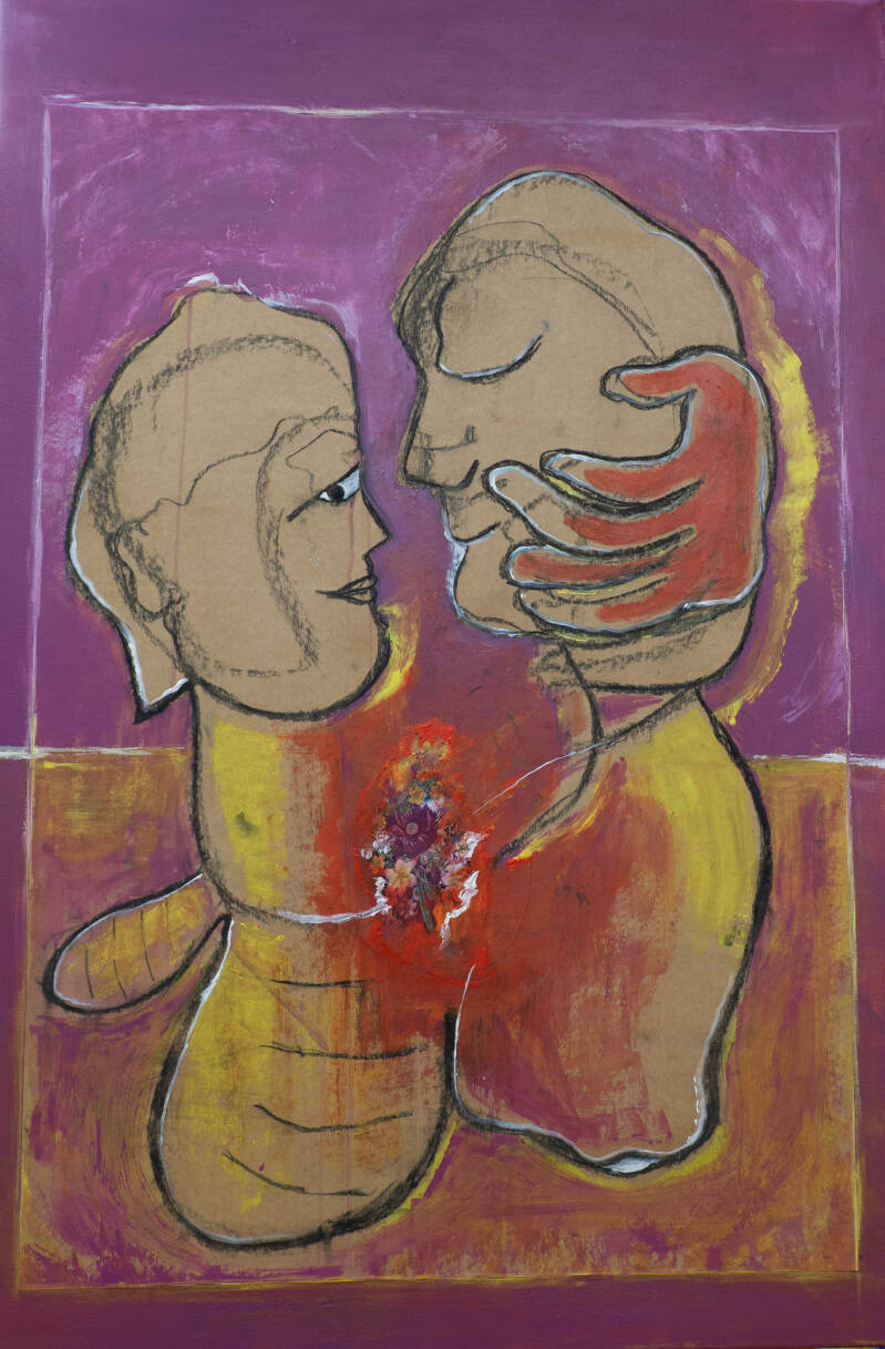 Figuratief schilderij met twee gestileerde menselijke figuren die naar elkaar toegewend zijn, met een grote hand tegen een paarse achtergrond.