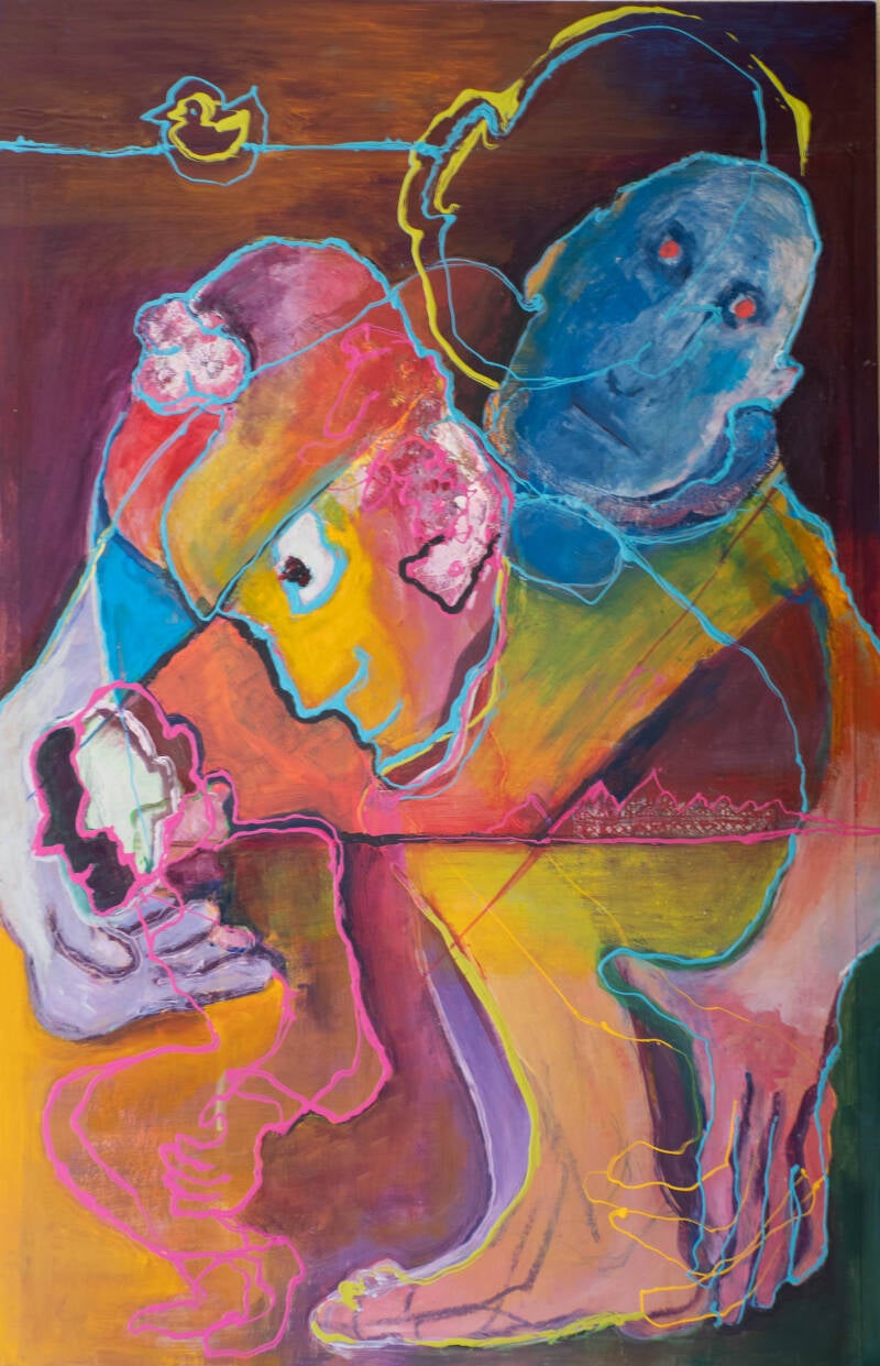 Expressief figuratief schilderij met een blauw gezicht, een oranje-roze gezicht en overlappende menselijke figuren tegen een donkere achtergrond.