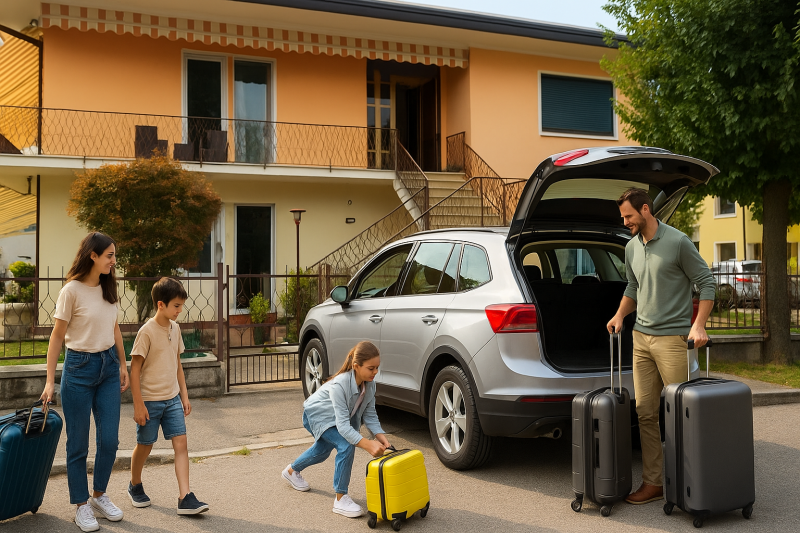 Arrivo della famiglia scarico valigie