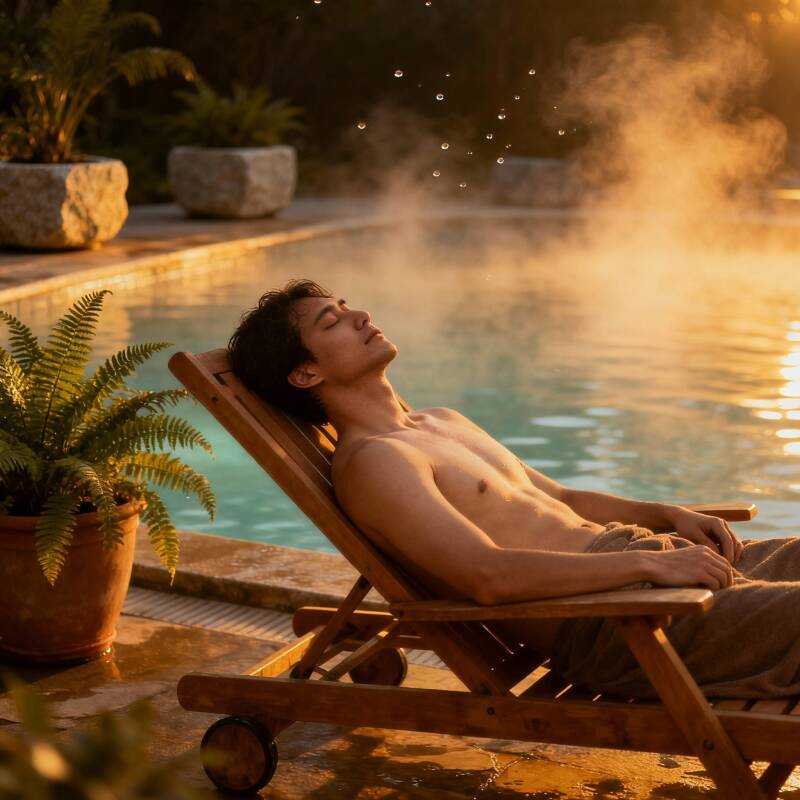 ospite in rilassamento a bordo piscina in notturna