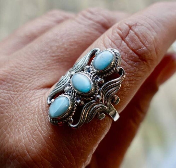 Long Boho Larimar Sterling Silver  ring