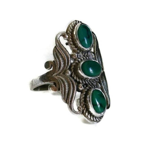 Boho Long Turquoise Sterling Silver ring