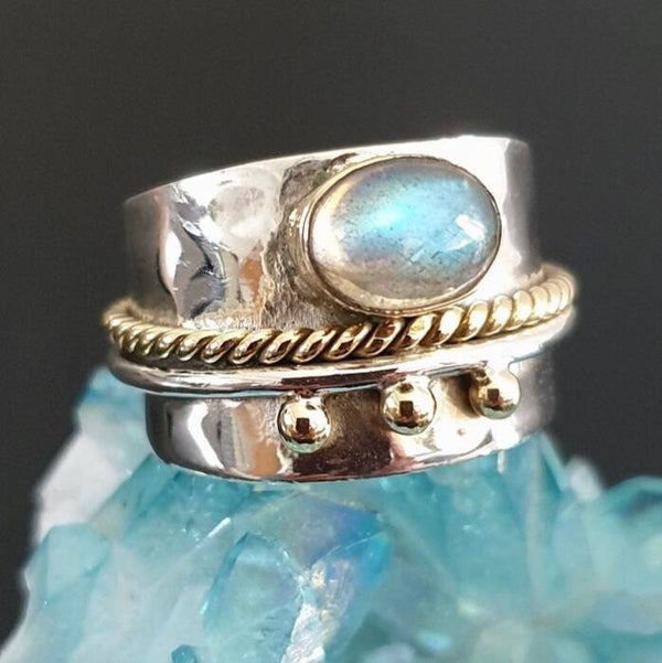 Labradorite 925 Silver ring with Brass detailing