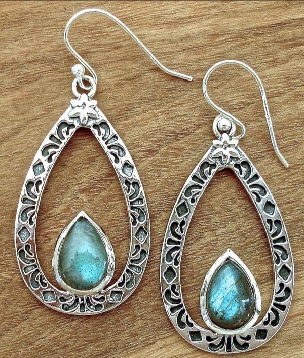 Labradorite Boho Long Teardrop Oxidized Silver Dangly Earrings