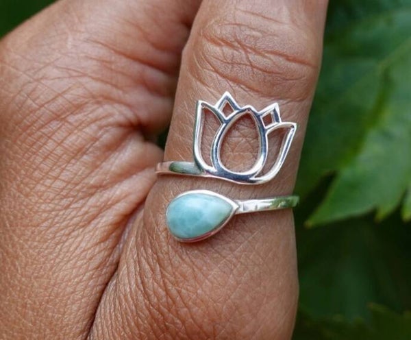 Larimar Lotus Flower Adjustable 925 Silver ring